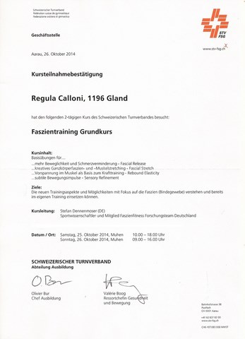 Diplôme de Regula Calloni (fascia-pilates)