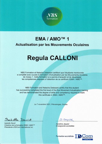 Diplôme de Regula Calloni (fascia-pilates)
