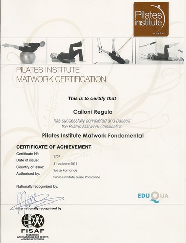 Diplôme de Regula Calloni (fascia-pilates)